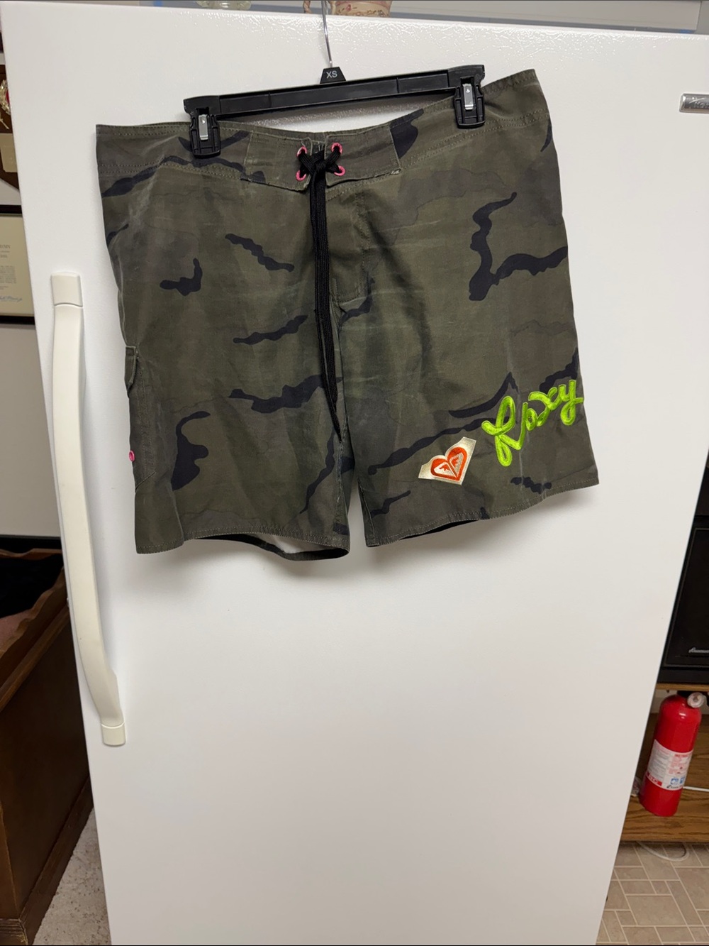 Roxy Woman’s Olive Camo Drawstring Board Shorts with Neon Logo